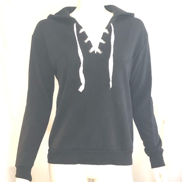 Woman’s black pull over hoodie with white laced front - Picture 9 of 13